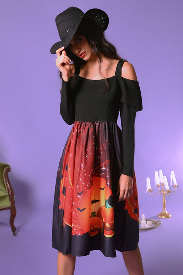 Halloween Pumpkin Printed Black Orange Cold Shoulder VIntage Dress